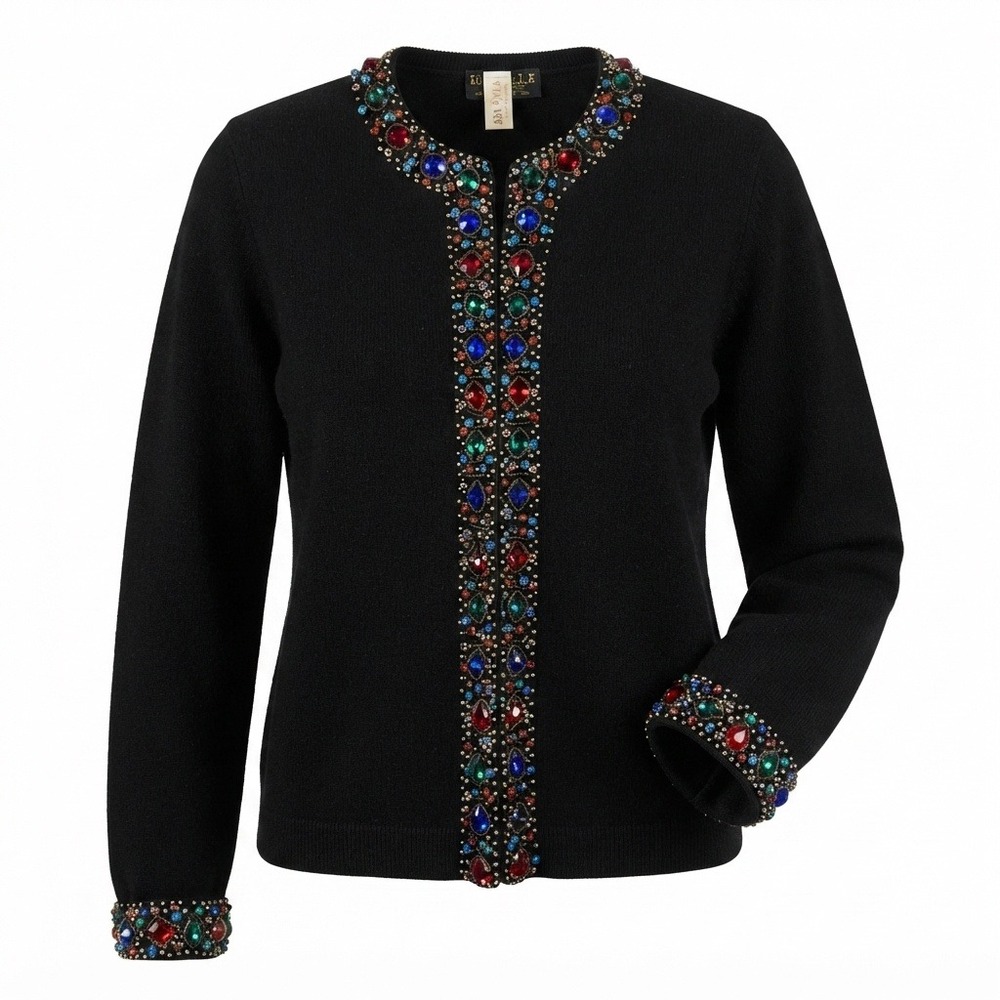 Vintage Isabella Lambswool Jewel Embellished Cardigan Beaded Lined Black Large